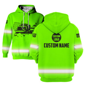 Hi Vis Hoodie Truck American Flag Green Custom Name Safety Workwear Reflective Long Sleeve