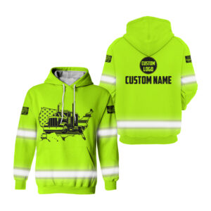 Hi Vis Hoodie Truck American Flag Yellow Custom Name Safety Workwear Reflective Long Sleeve