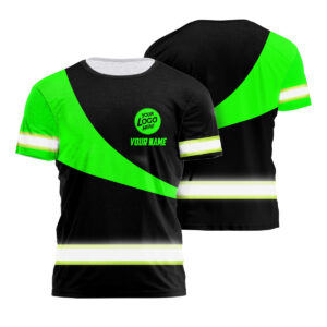 Hi Vis Shirt Black And Green Stripe Custom Name Logo Company Safety Workwear Reflective Short Sleeve Tshirt For Construction Worker