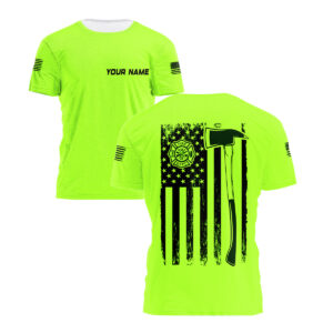 Hi Vis T Shirt Firefighter Axe American Flag Custom Name Logo Company Safety Workwear Reflective Short Sleeve Tshirt For Firefighter