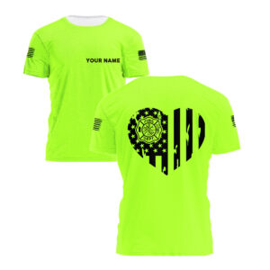 Hi Vis Shirt Firefighter Heart American Flag Custom Name Logo Company Safety Workwear Reflective Short Sleeve Tshirt For Firefighter
