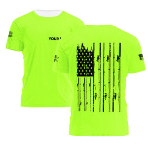 Hi Vis T Shirt Fishing Rods USA Flag Custom Name Logo Company Safety Workwear Reflective Short Sleeve Tshirt