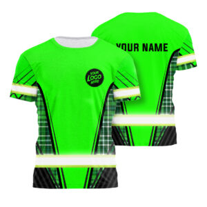 Hi Vis Shirt Green Geometric Custom Name Logo Company Safety Workwear Reflective Short Sleeve Tshirt For Construction Worker