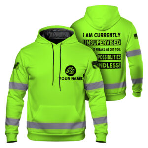 Hi Vis Hoodie Unsupervised Green Custom Name Logo Company Safety Workwear Reflective Long Sleeve For Construction Worker