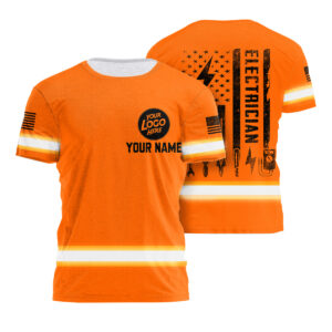 Orange Reflective Shirt Electrician American Flag Reflective High Visibility Custom Name Safety Workwear T Shirt For Lineman