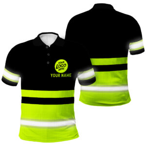 Black and Green Hi Vis Polo Shirt - Custom Name And Logo Safety Work Shirt