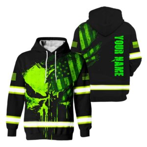 Hi Vis Hoodie Reflective Skull US Flag Custom Name Safety Workwear For Workers, Runners, Truckers, Skull Lovers