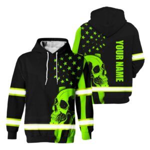 Hi Vis Hoodie Reflective America Flag Patriotic Custom Name For Workers, Runners, Truckers, Skull Lovers