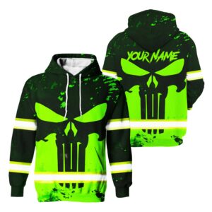 Hi Vis Hoodie Reflective Green Neon Skull USA Flag Custom Name For Workers, Runners, Truckers, Skull Lovers