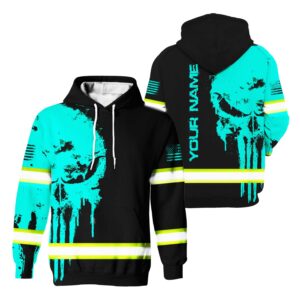 Hi Vis Hoodie Reflective Mint Neon Skull US Flag Custom Name Safety Workwear For Workers, Runners, Truckers, Skull Lovers