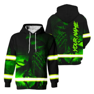 Hi Vis Hoodie Reflective Skull Green Neon Custom Name Safety For Workers, Runners, Truckers, Skull Lovers