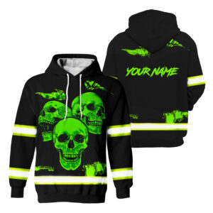 Hi Vis Hoodie Reflective Skull Green Neon US Flag Custom Name For Workers, Runners, Truckers, Skull Lovers