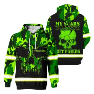 High Visibility Hoodie Reflective Skull My Scars Tell Story Camo Green Neon Custom Name
