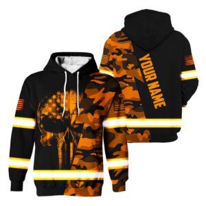High Visibility Hoodie Reflective Skull US Flag Camo Orange Neon Custom Name For Workers, Runners, Truckers, Patriotic, Skull Lovers