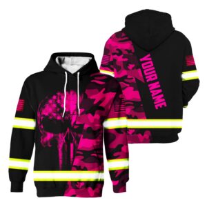 Hi Vis Hoodie Reflective Skull US Flag Camo Pink Neon Custom Name Safety For Workers, Runners, Truckers, Skull Lovers