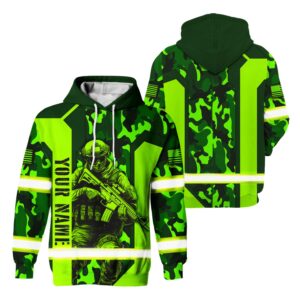 Hi Vis Hoodie Reflective Veteran US Flag Camo Green Neon Custom Name For Workers Runners Patriotic