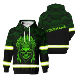 Hi Vis Hoodie Reflective Skull Native Green Neon US Flag Custom Name For Workers, Runners, Truckers, Skull Lovers