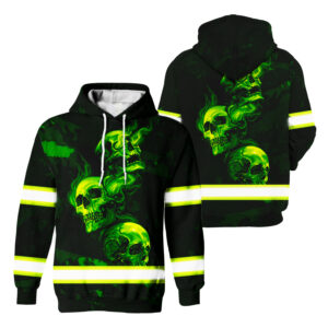 Hi Vis Hoodie Reflective Tapes Green Skull Custom Name Safety Workwear, High Visibility Shirts Class 3