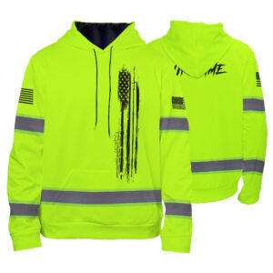 High Visibility Hoodie Green Neon Us Flag For Runners, Worker, Patriotic