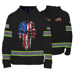 High Visibility Hoodie Black Reflective Skull Us Flag For Men, Women, Outdoor Worker, Trucker, Skull Lovers