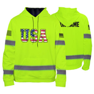 High Visibility Hoodie Green Neon Reflective USA Flag For Men, Women, Outdoor Worker, Trucker, Patriotic
