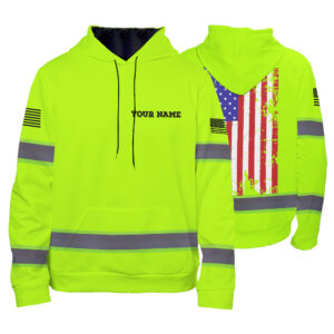 High Visibility Hoodie Green Reflective Safety Shirts With Hood for Men, Women, Outdoor Worker, Trucker, Patriotic