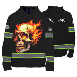 High Visibility Hoodie Black Reflective Skull Fire For Men, Women, Outdoor Worker, Trucker, Skull Lovers