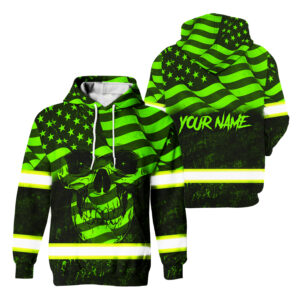 Hi Vis Hoodie Reflective Skull US Flag Custom Name Safety Workwear For Workers, Runners, Truckers, Patriotic, Skull Lovers