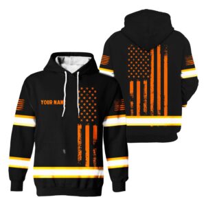 Hi Vis Hoodie Reflective Orange Neon US Flag Custom Name For Workers Runners Patriotic, High Visibility Shirts Class 3