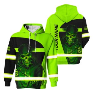 Hi Vis Hoodie Reflective Skull US Flag Patriotic Green Neon Custom Name For Workers, Runners, Truckers, Patriotic, Skull Lovers