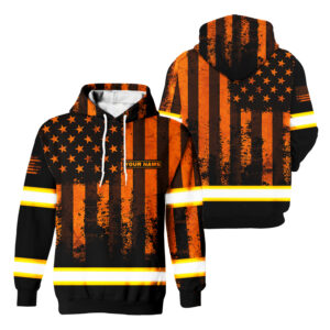 High Visibility Hoodie Black Pattern Flag USA Custom Name Reflective Safety Workwear For Runners, Patriotic