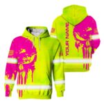 2 Hi Vis Hoodie Green Reflective Pattern Skull Custom Name Safety Workwear