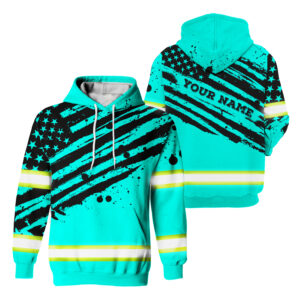 Hi Vis Hoodie Reflective Tapes Mint Neon US Flag For Workers, Runners, Truckers, Patriotic, Skull Lovers
