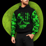 3 Hi Vis Hoodie Reflective Black Skull Pattern Flag USA Custom NameSafety Workwear