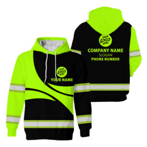 Hi Vis Hoodie Black And Green Reflective Custom Name, Logo And Company Safety Workwear