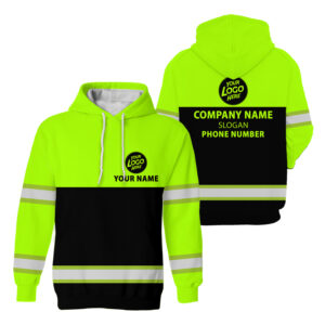 Hi Vis Hoodie Black And Green Reflective Pattern Custom Name, Company Safety Workwear