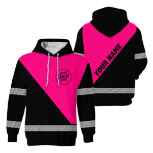 High Visibility Hoodie Black And Pink Custom Name, Logo Reflective Safety Workwear