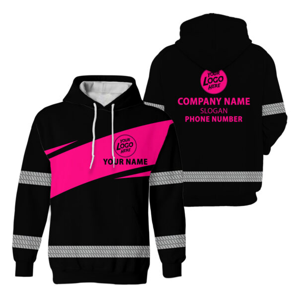 Hi Vis Hoodie Black And Pink Reflective Custom Name, Logo And Comany Safety Workwear For Workers Runners Patriotic