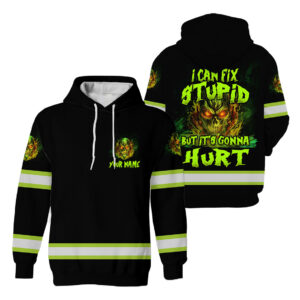Hi Vis Hoodie Black Skull I Can Fix Stupid But It's Gonna Hurt Custom Name Reflective Safety Workwear For Workers, Runners, Truckers, Skull Lovers