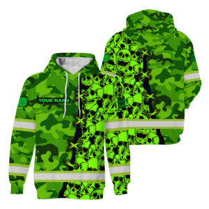 Hi Vis Hoodie Custom Name, Pattern Skull Camo Reflective Safety Workwear For Workers, Runners, Truckers, Skull Lovers