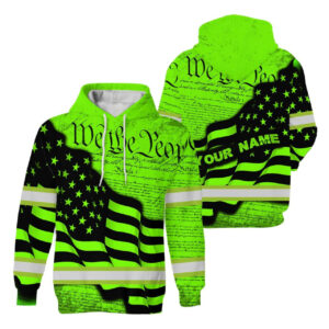Hi Vis Hoodie Reflective Green Neon Pattern Flag Custom Name Safety Workwear For Runners, Cyclists, Patriotic