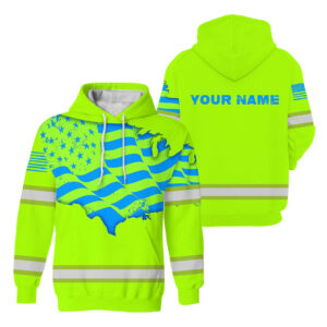 Hi Vis Hoodie Green Flag American Custom Name Reflective Safety Workwear For Workers Runners Patriotic