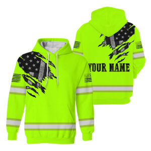 Hi Vis Hoodie Green Neon Flag Scratch Reflective Safety Workwear For Workers Runners Patriotic