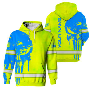 Hi Vis Hoodie Green Neon Reflective Pattern Skull Custom Name For Workers, Runners, Truckers, Skull Lovers
