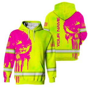 Hi Vis Hoodie Green Reflective Pattern Pink Skull Custom Name For Workers, Runners, Truckers, Skull Lovers