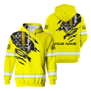 High Visibility Hoodie Green Skull Flag American Custom Name Reflective Safety Workwear For Workers, Runners, Truckers, Skull Lovers