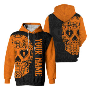 High Visibility Hoodie Orange Neon Skull flower Custom Name Reflective Safety Workwear, High Visibility Shirts Class 3