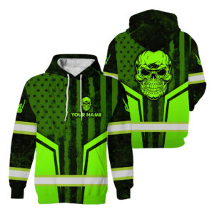 Hi Vis Hoodie Pattern Skull Flag American Reflective Safety Workwear For Workers, Runners, Truckers, Skull Lovers