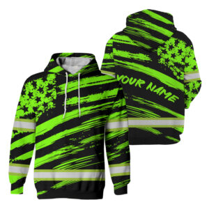 Hi Vis Hoodie Reflective America Flag Patriotic Green Neon Custom Name Safety Workwear For Workers, Runners, Cyclists, Truckers, Operator