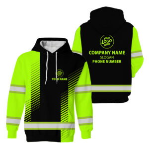Hi Vis Hoodie Reflective Black And Green Neon Custom Name, Logo And Company Safety Workwear